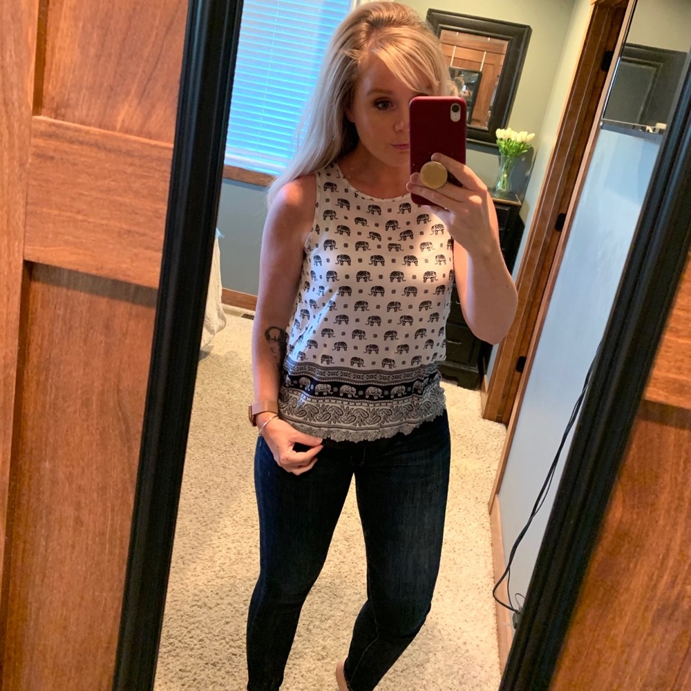 White and navy blue print tank top